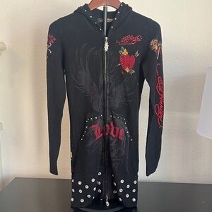 Christian Audigier  Embellished Zip Hoodie with Red Graphic Heart 100% wool NWOT